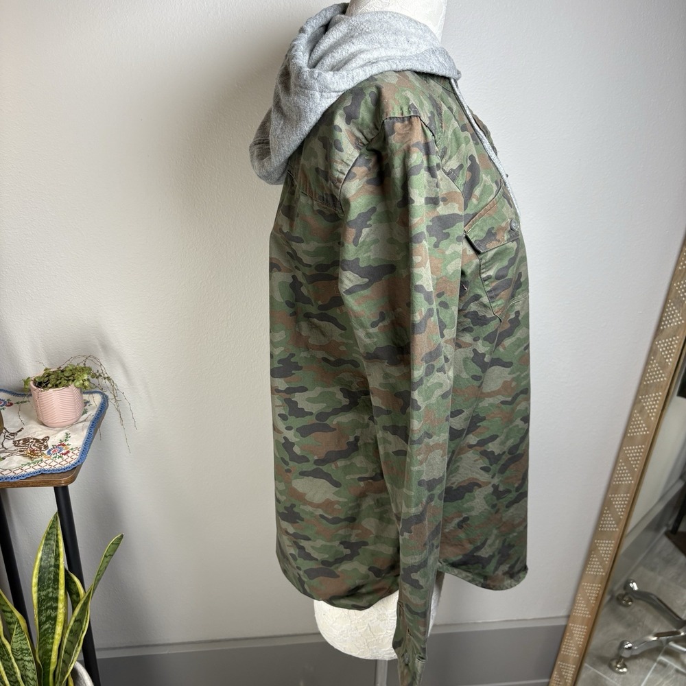 Empyre Mens L Green Camo Hooded Shacket Button Up Shirt Streetwear Cotton Blend - Picture 4 of 16